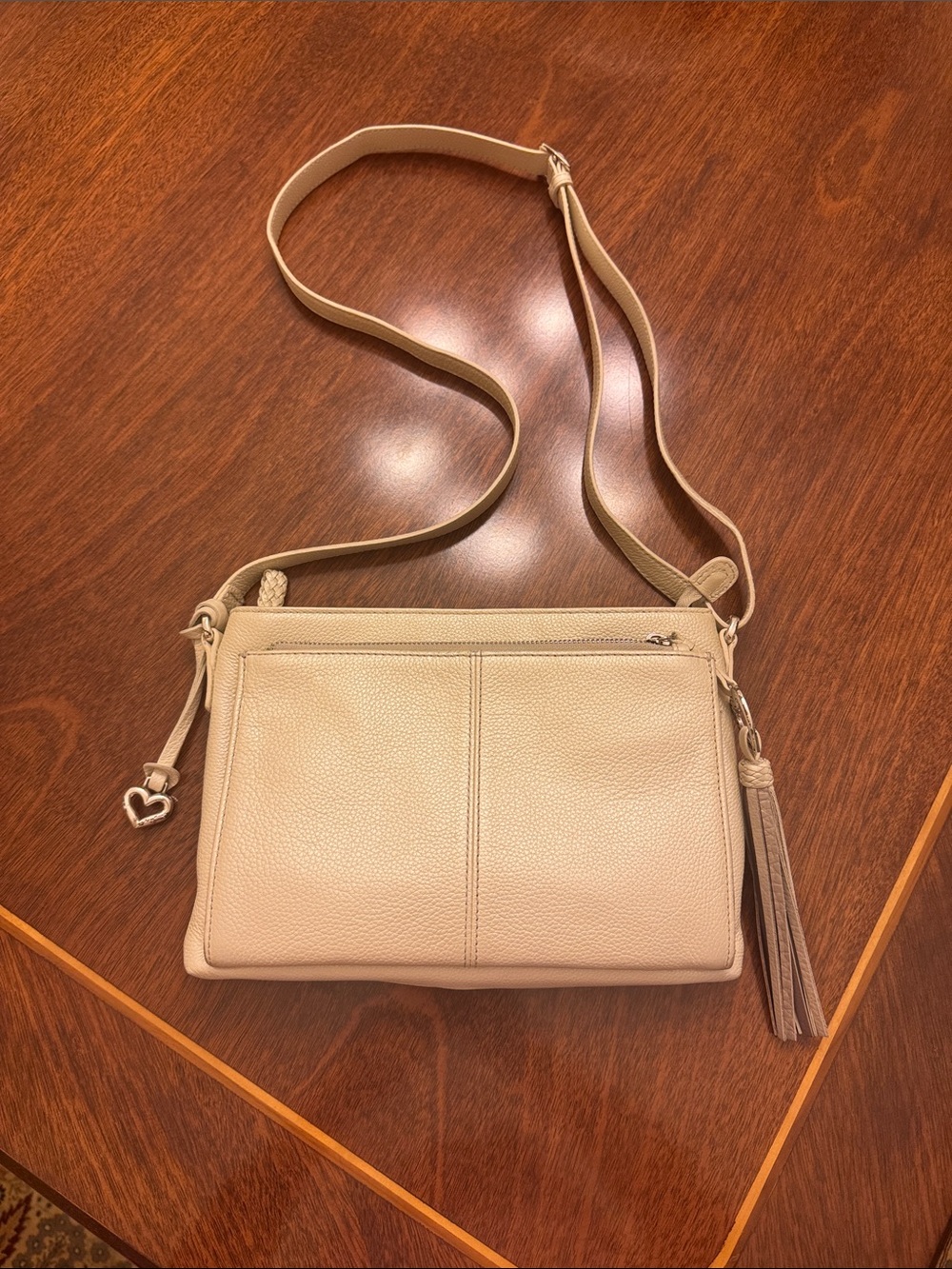 Brighton white pearl Organizer Crossbody Shoulder Bag with Tassel and Heart Char